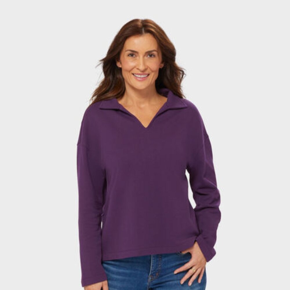 Duluth Trading Co Women's Canal Park Terry Collared Long Sleeve, Purle, Large